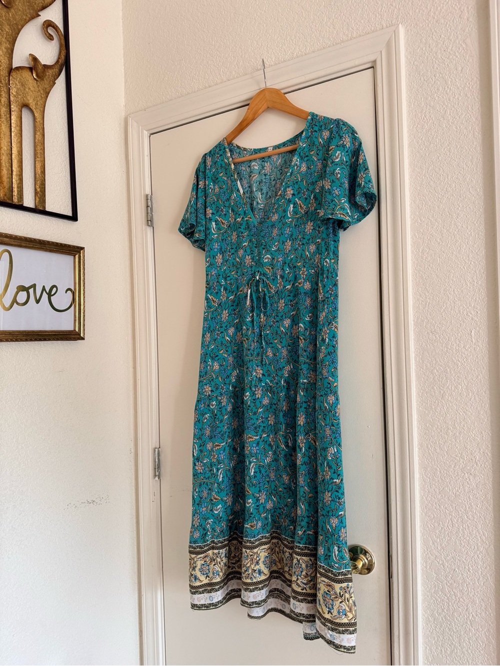 Teal Floral Maxi Dress with Border Hem - Unbranded